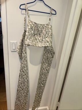 Hill House White Wrap/Crop Top with Basket Weave Print